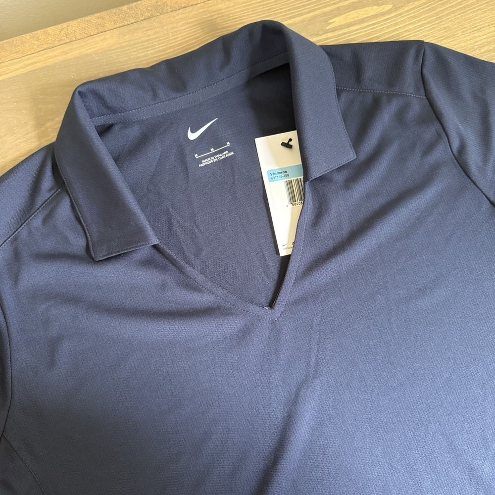 Nike Women's Medium Navy Blue V-Neck Short Sleeve Golf Polo Embroider Logo